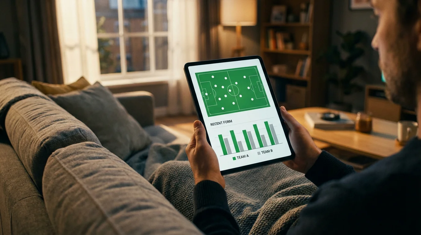 Analista revisando estadísticas de fútbol en una tablet con datos de alineaciones y forma reciente