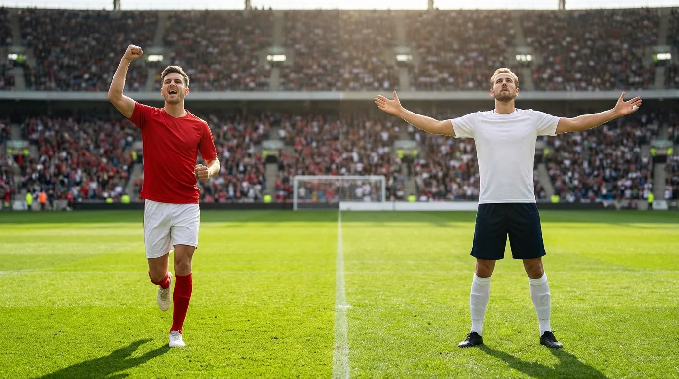 Dos jugadores de fútbol de equipos rivales celebrando goles en lados opuestos del campo