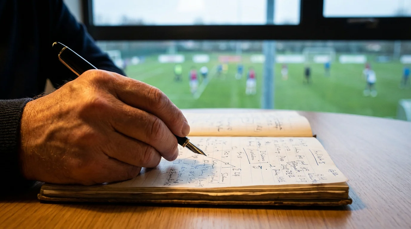 Mano sosteniendo un bolígrafo sobre una libreta con varias anotaciones junto a un campo de fútbol al fondo
