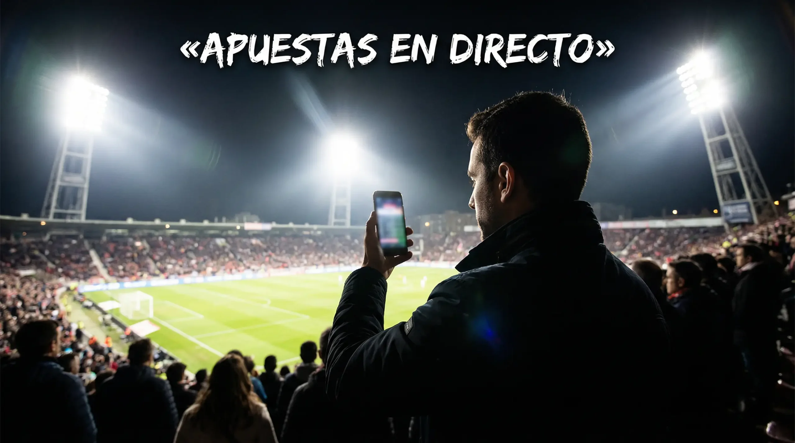 Apuestas en directo en fútbol: aficionado con móvil en la grada de un estadio iluminado de noche