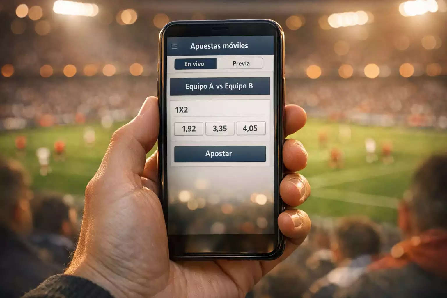 Persona sosteniendo un teléfono móvil en las gradas de un estadio de fútbol durante un partido