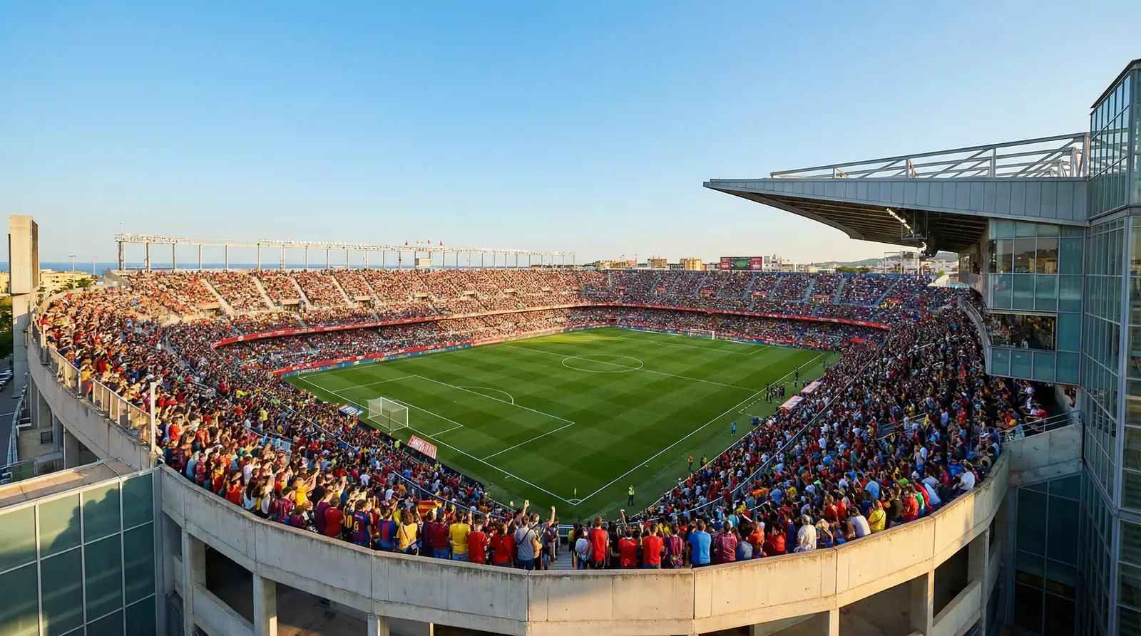 Estadio de fútbol español lleno de aficionados bajo un cielo azul mediterráneo