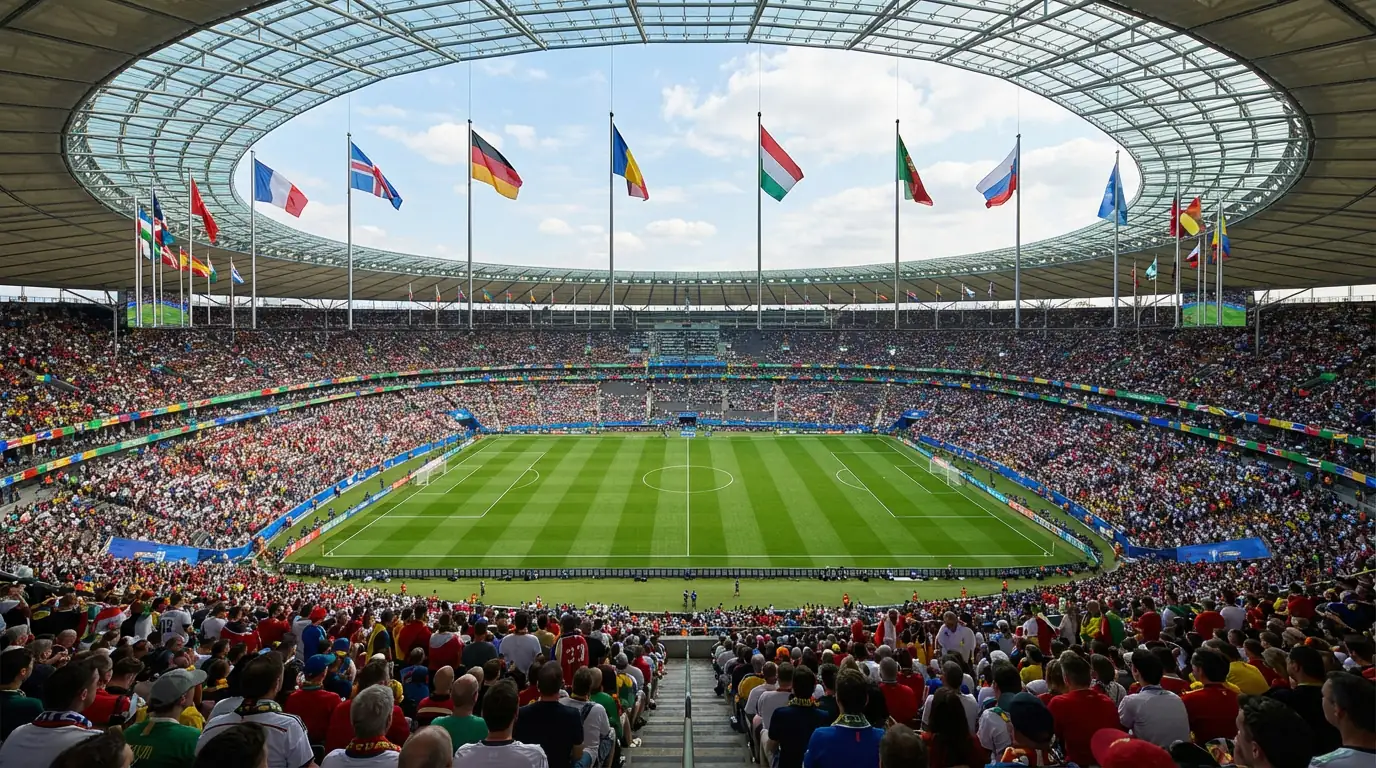 Vista panorámica de un gran estadio internacional con banderas de varios países ondeando al viento
