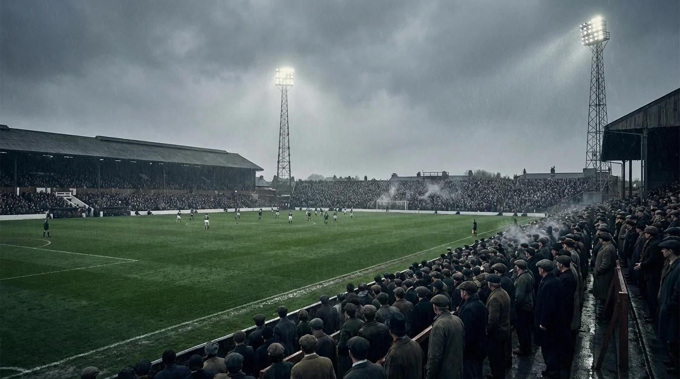 Estadio de fútbol inglés con césped intensamente verde bajo un cielo nublado típico de Inglaterra