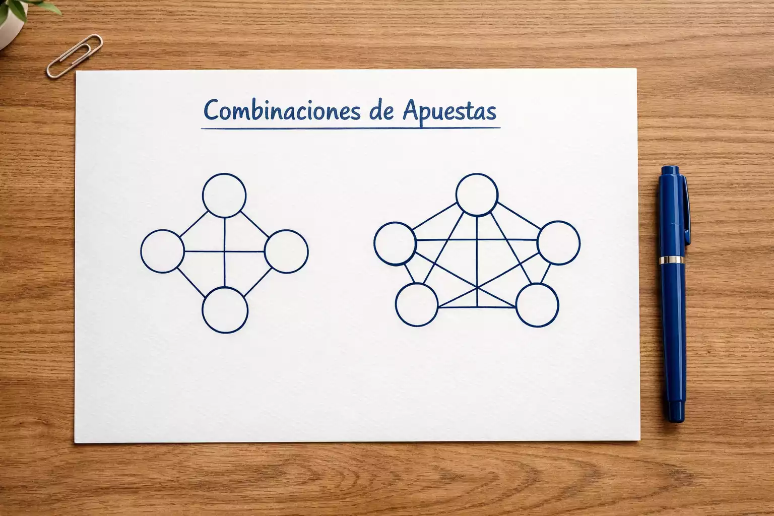 Diagrama de conexiones dibujado a mano sobre papel blanco representando combinaciones de apuestas de fútbol