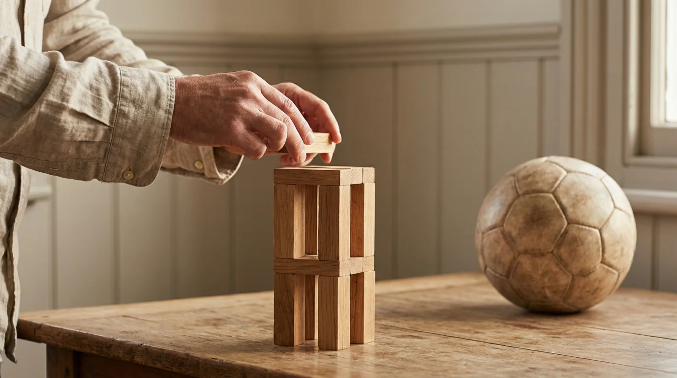 Manos construyendo una estructura con bloques de madera sobre una mesa junto a un balón de fútbol