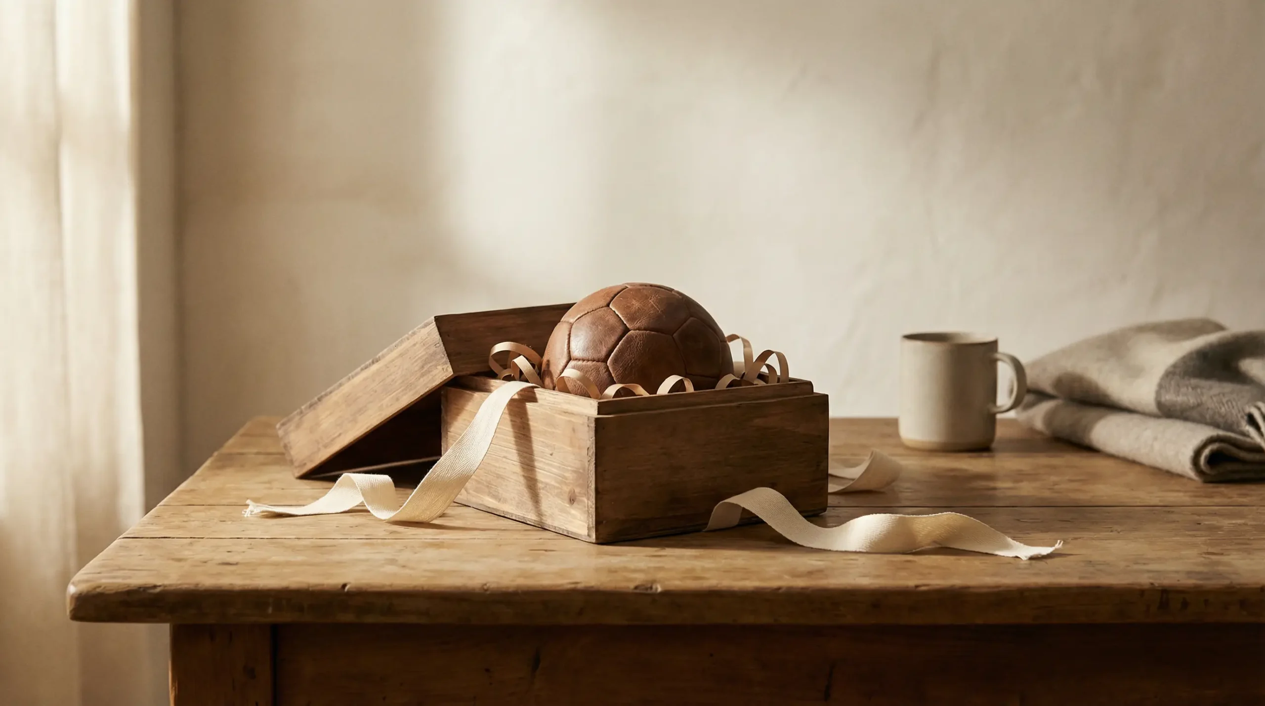 Caja de regalo abierta con un balón de fútbol dentro sobre una mesa de madera iluminada por luz cálida