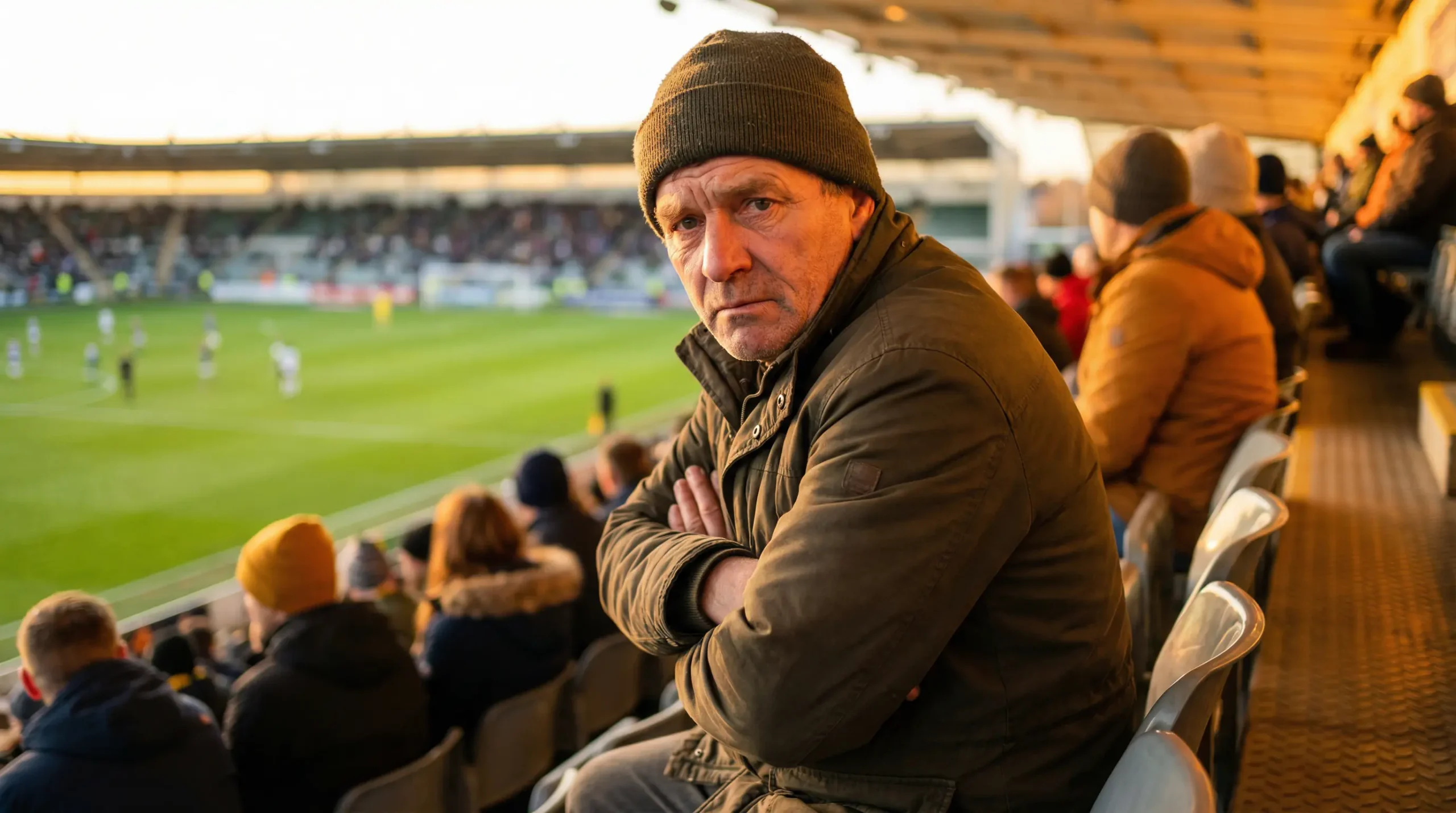 Persona mirando un partido de fútbol desde la grada con gesto pensativo y los brazos cruzados