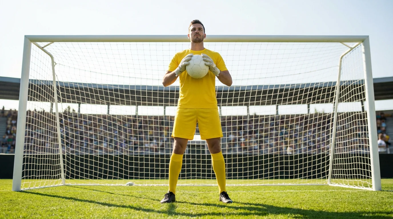 Portero de fútbol atrapando el balón con seguridad bajo los palos de la portería