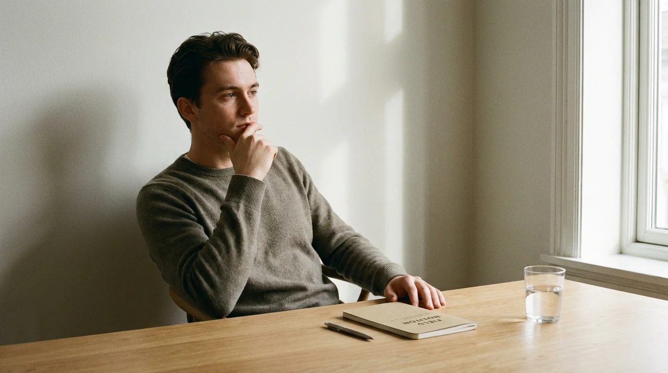 Persona reflexionando frente a un escritorio con un bloc de notas y un bolígrafo, sin pantallas