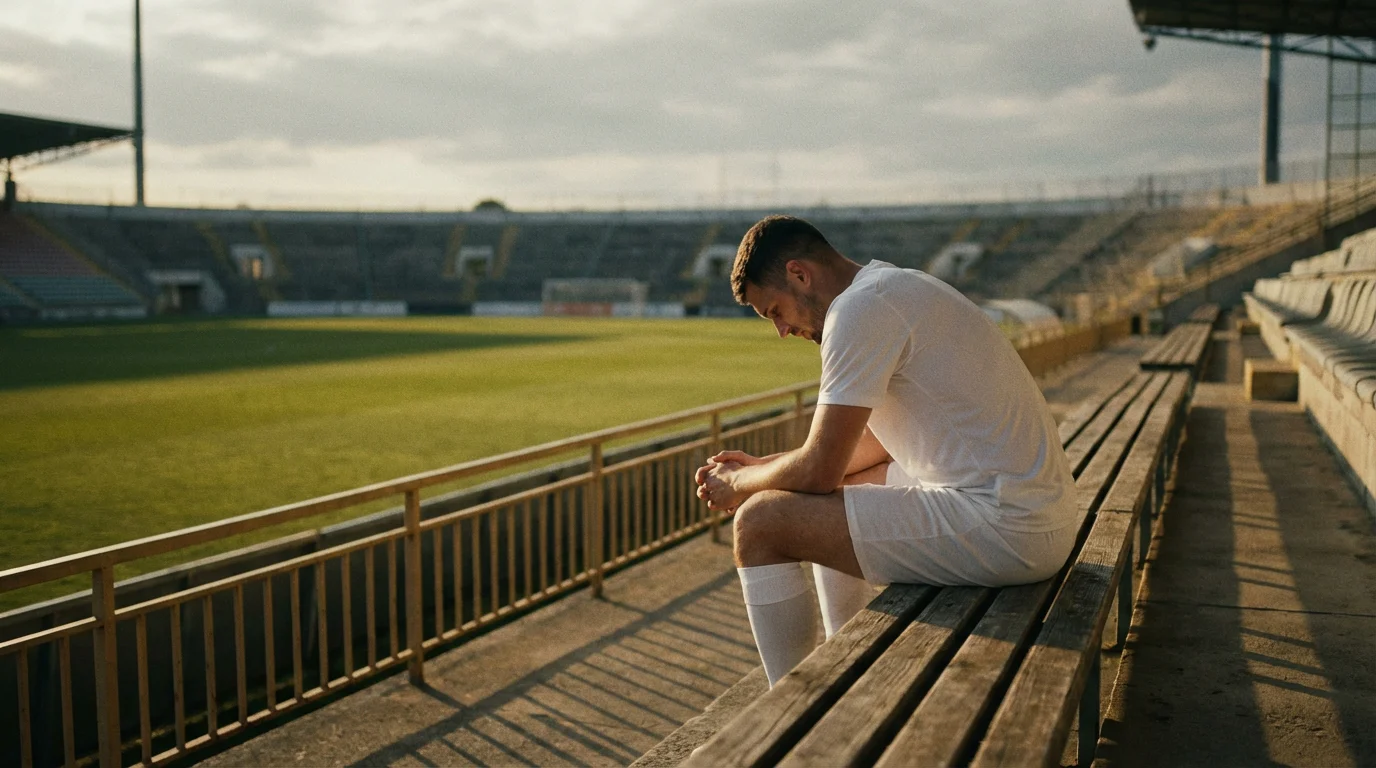 Jugador de fútbol sentado solo en el banquillo con la cabeza agachada tras una derrota