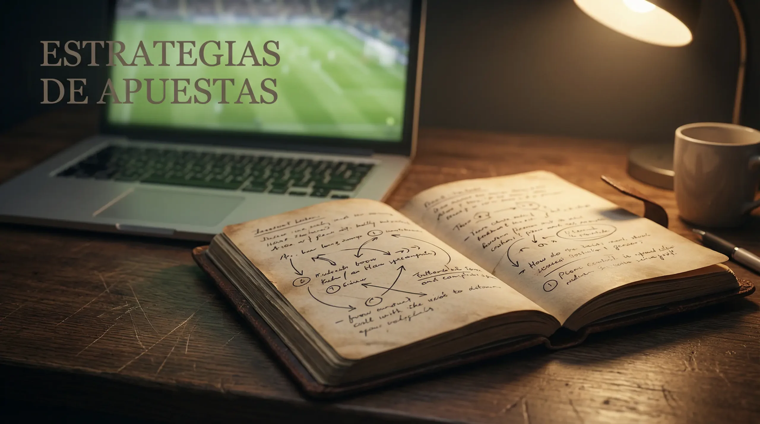 Estrategias de apuestas en fútbol: cuaderno con notas de análisis junto a un campo de fútbol