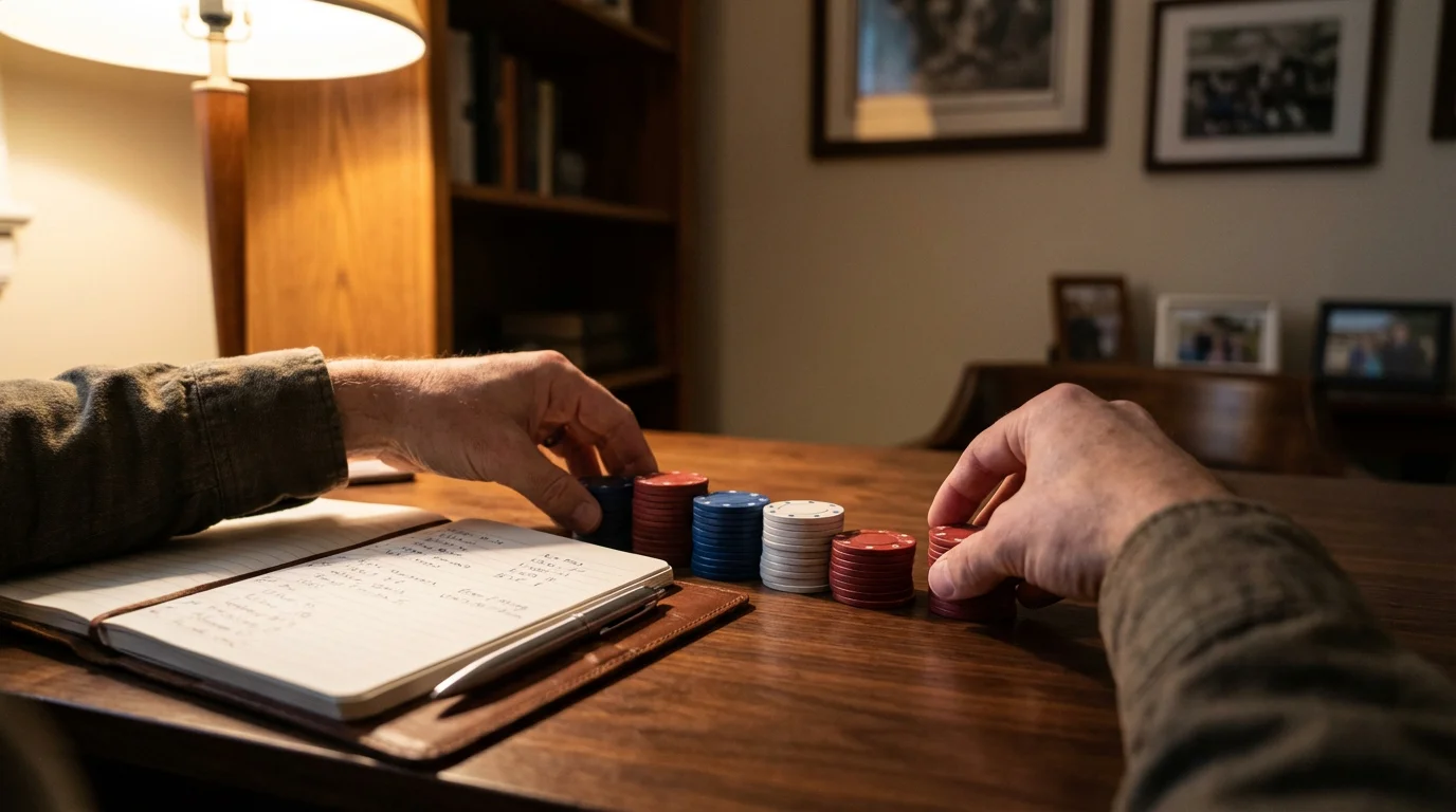 Persona organizando fichas de colores en pilas ordenadas sobre una mesa junto a una libreta abierta