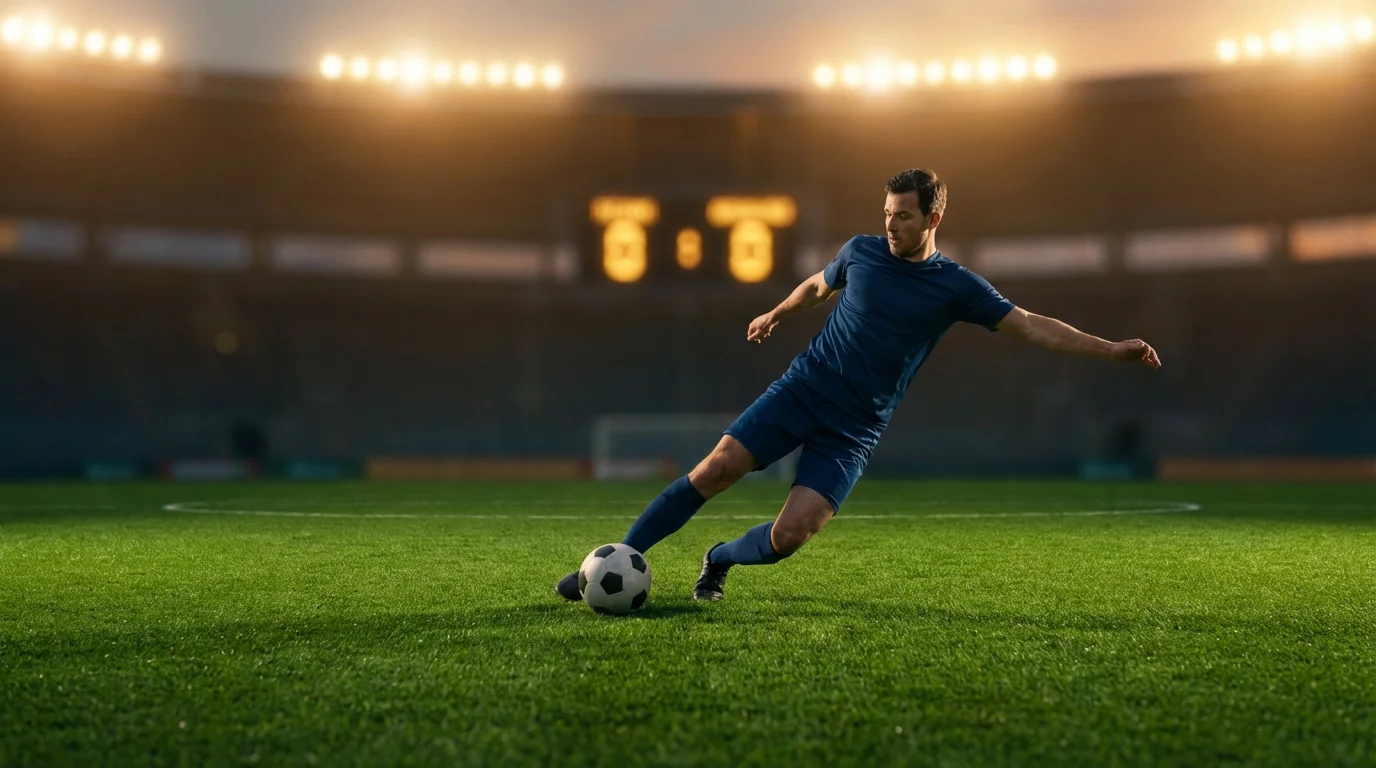 Jugador de fútbol disputando un balón en un campo de césped con marcador electrónico al fondo