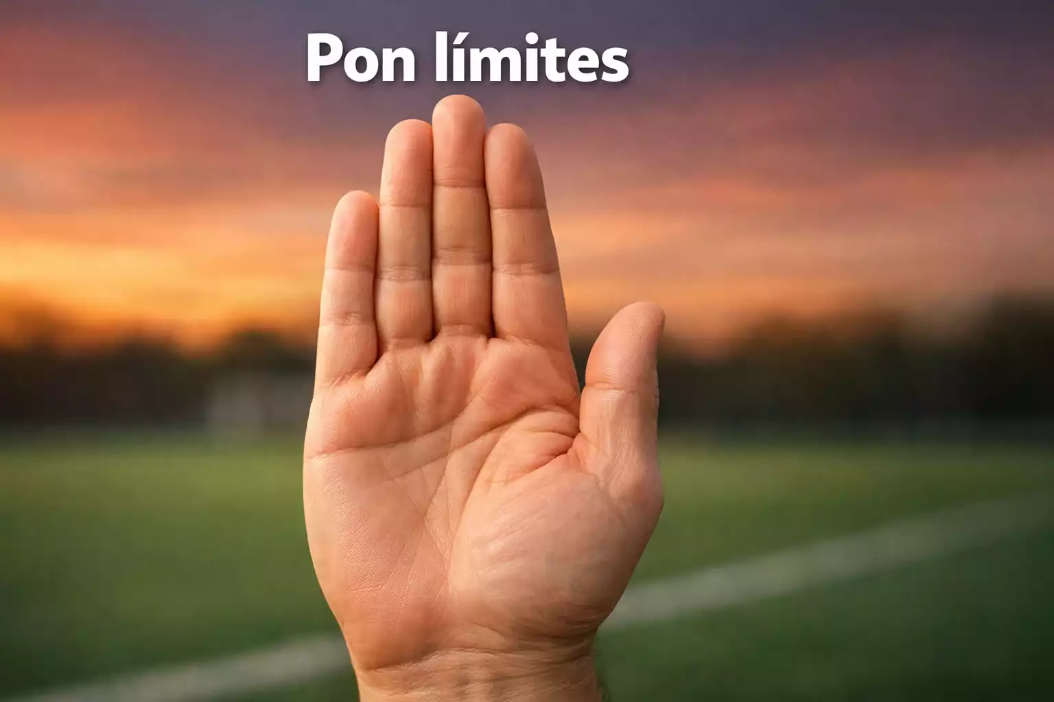 Mano levantada en señal de pausa frente a un campo de fútbol iluminado al atardecer