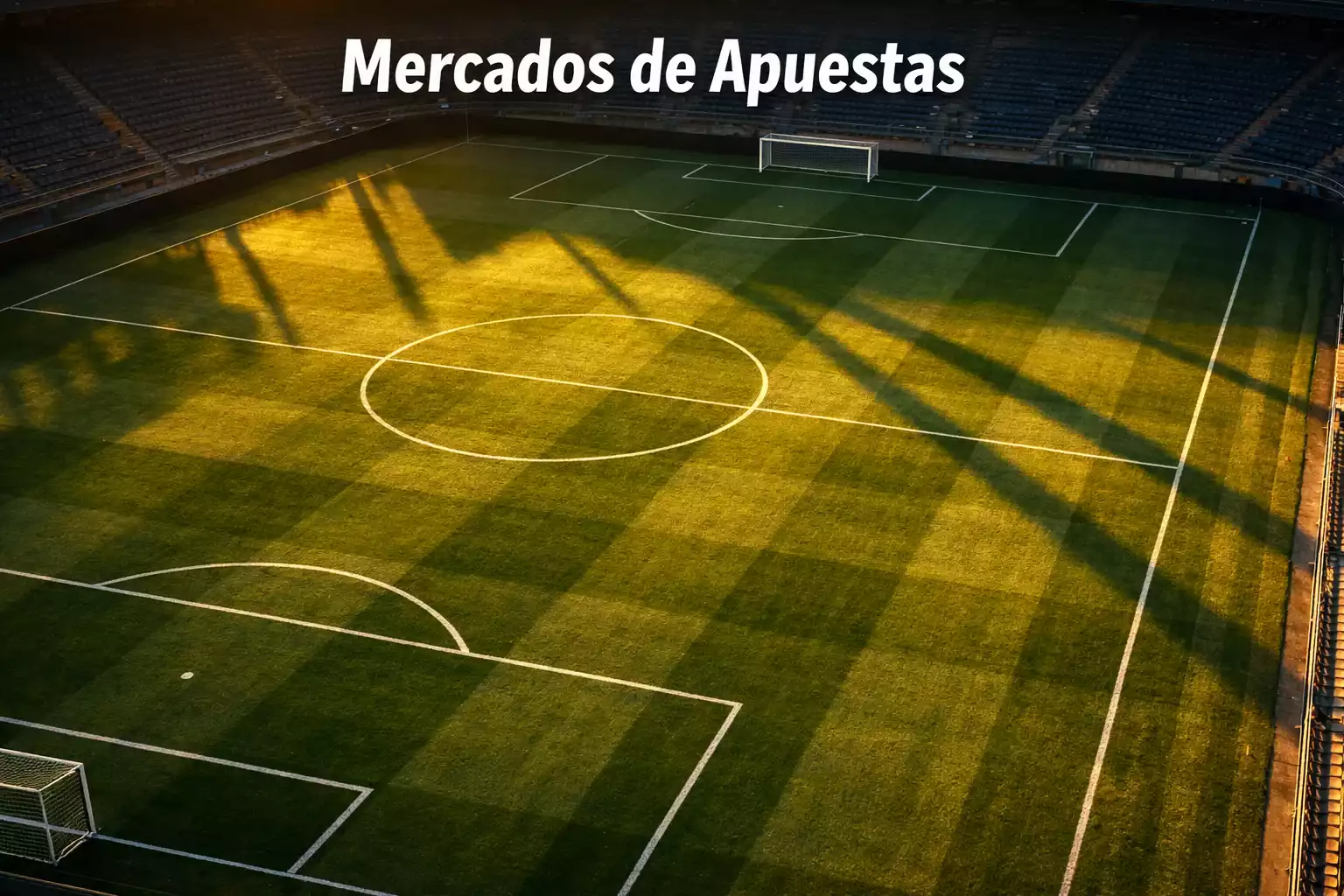 Mercados de apuestas en fútbol: vista cenital de campo con líneas de juego iluminadas