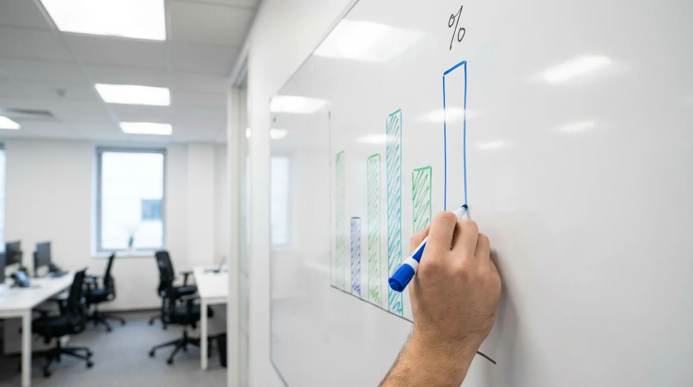 Gráfico simple de barras dibujado a mano en una pizarra blanca comparando porcentajes de payout