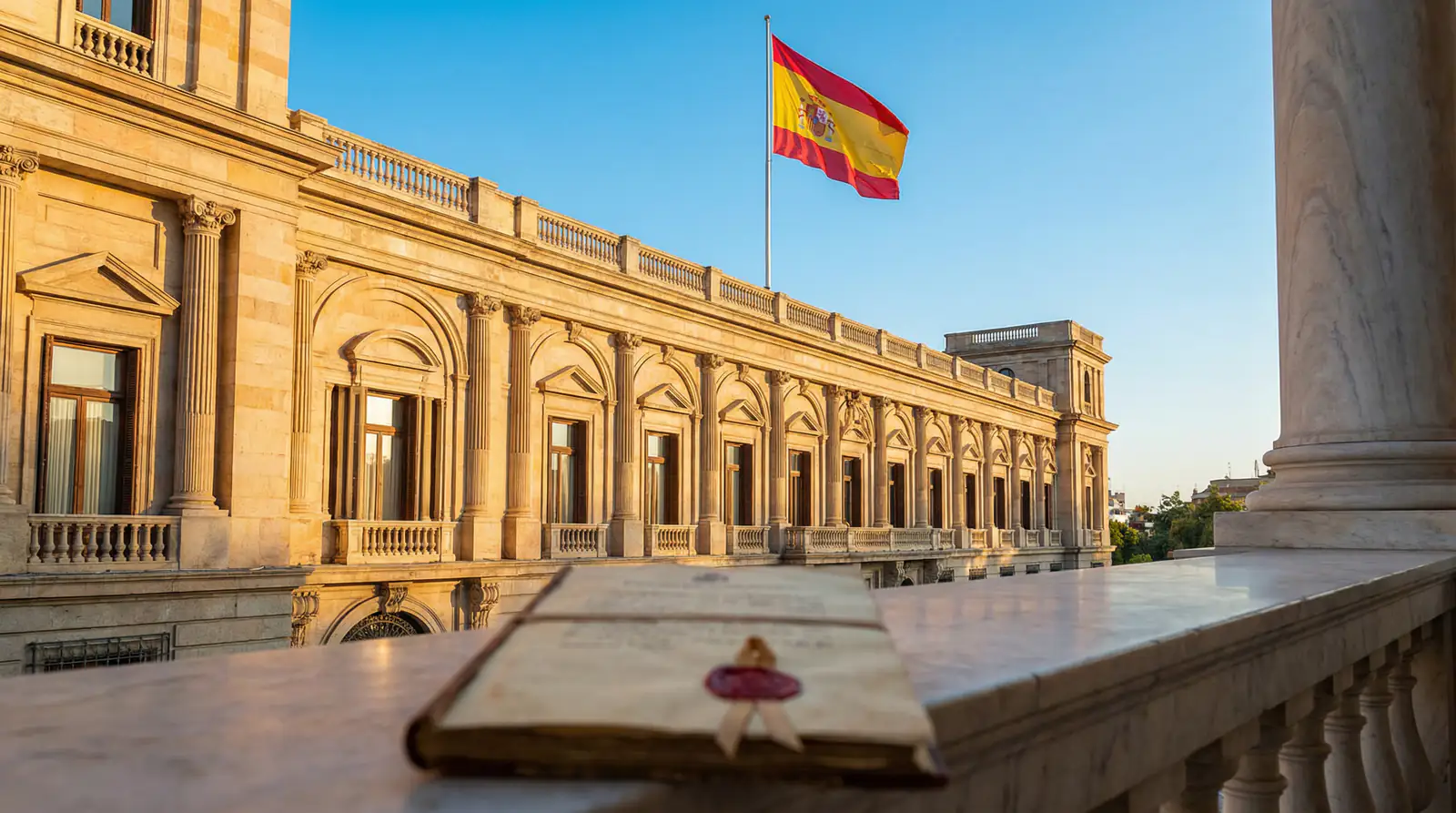 Edificio oficial español con bandera de España ondeando junto a un documento con sello oficial