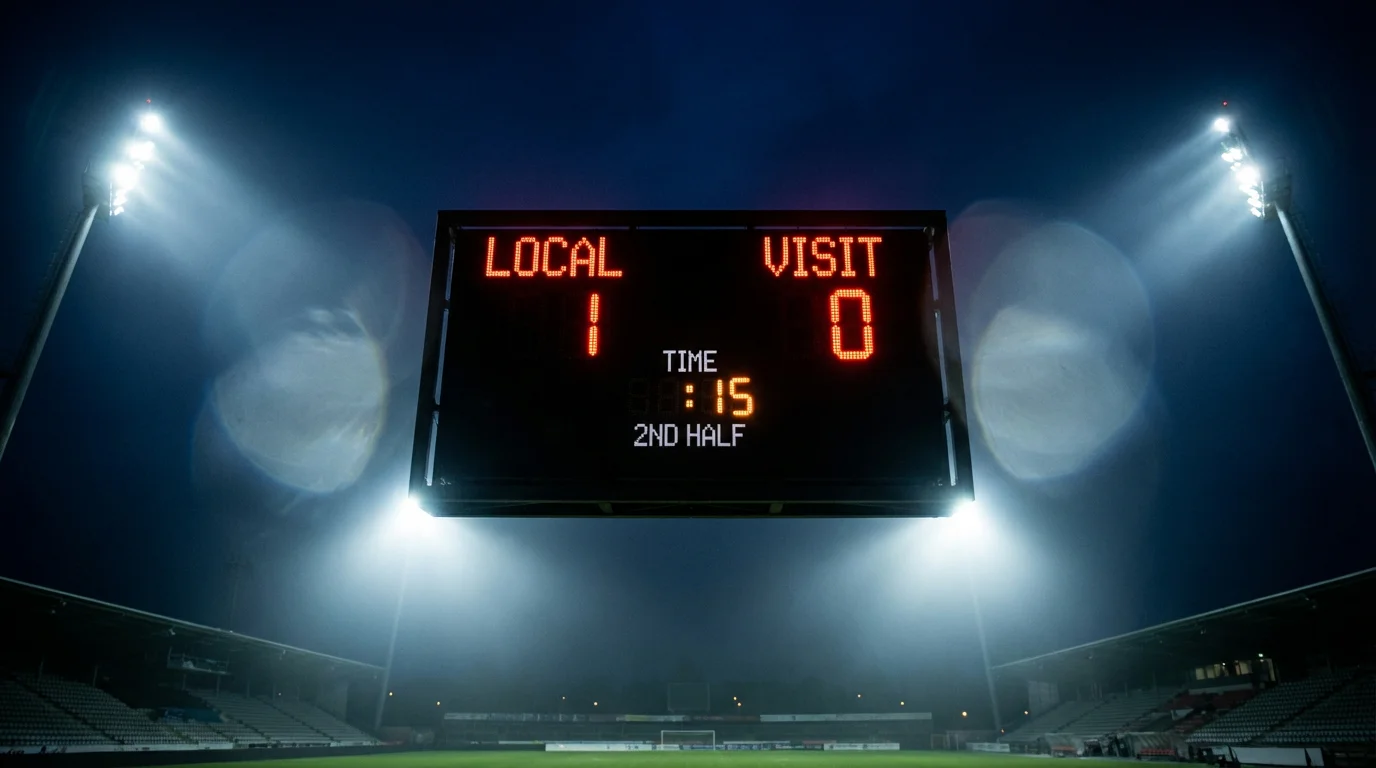 Marcador electrónico de estadio de fútbol mostrando un resultado ajustado bajo cielo nocturno