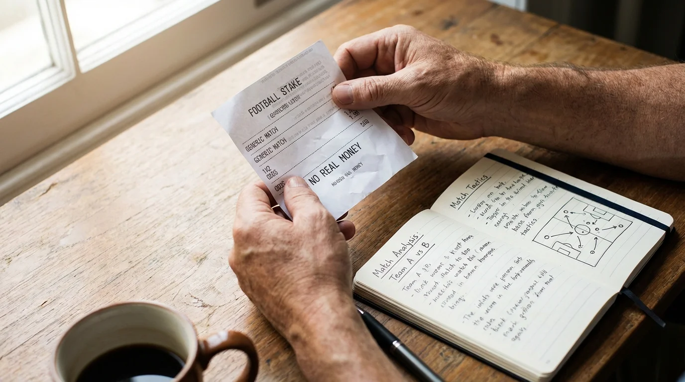 Aficionado analizando un boleto de apuestas de fútbol en una mesa con notas y estadísticas