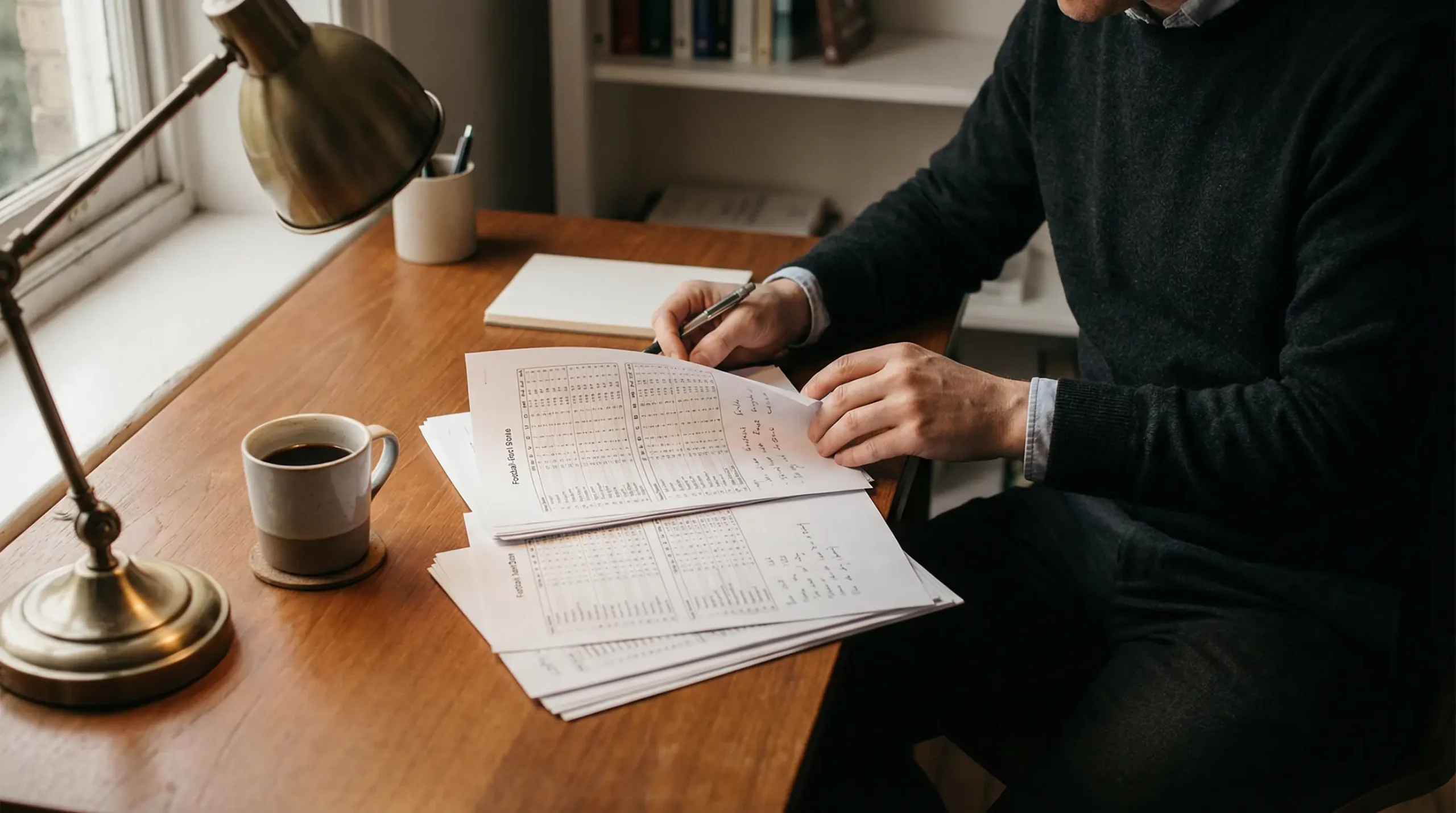 Persona analizando documentos con estadísticas de fútbol en un escritorio bien organizado
