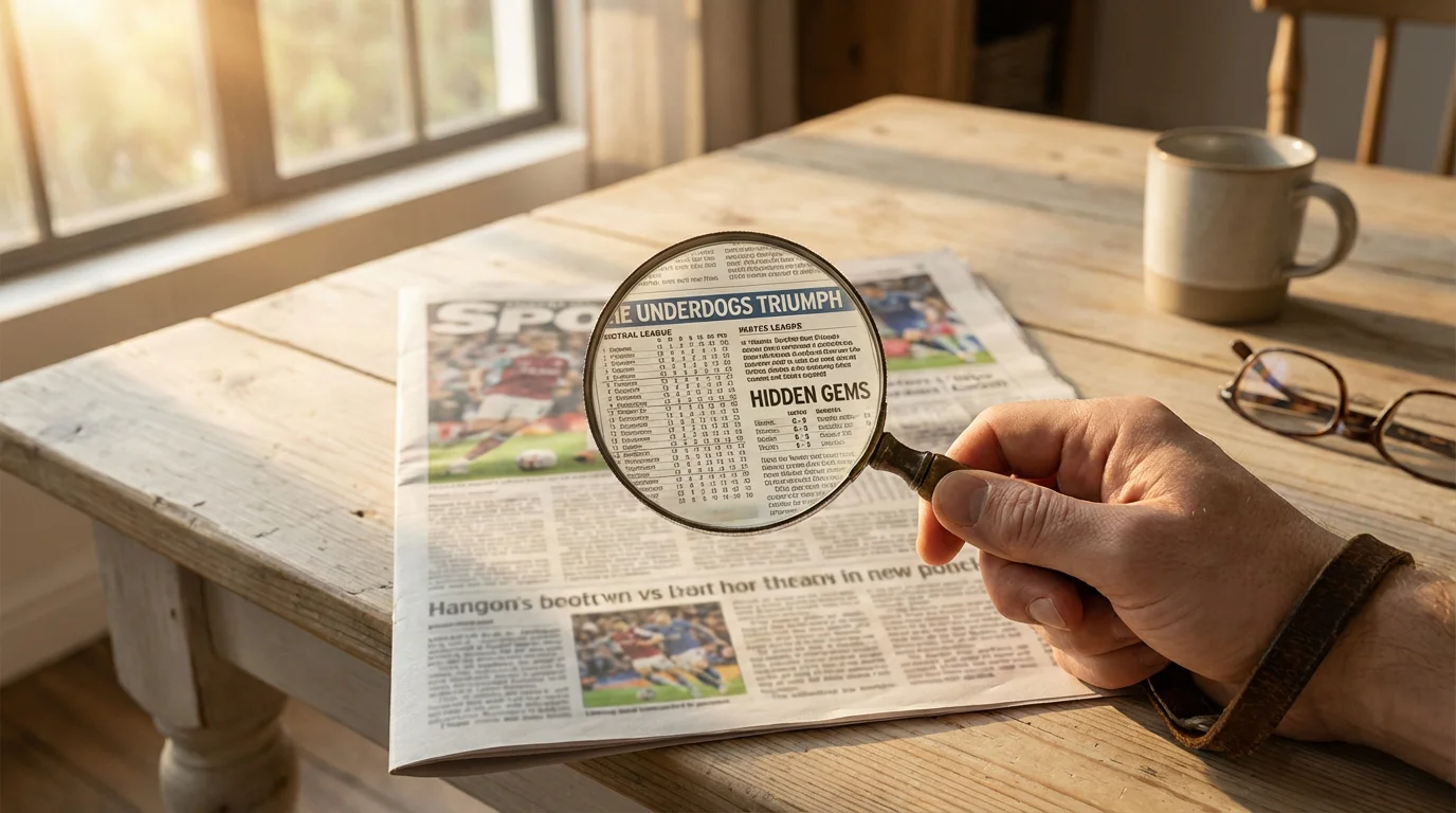 Lupa sobre un periódico deportivo con tablas de resultados de fútbol iluminada por luz natural